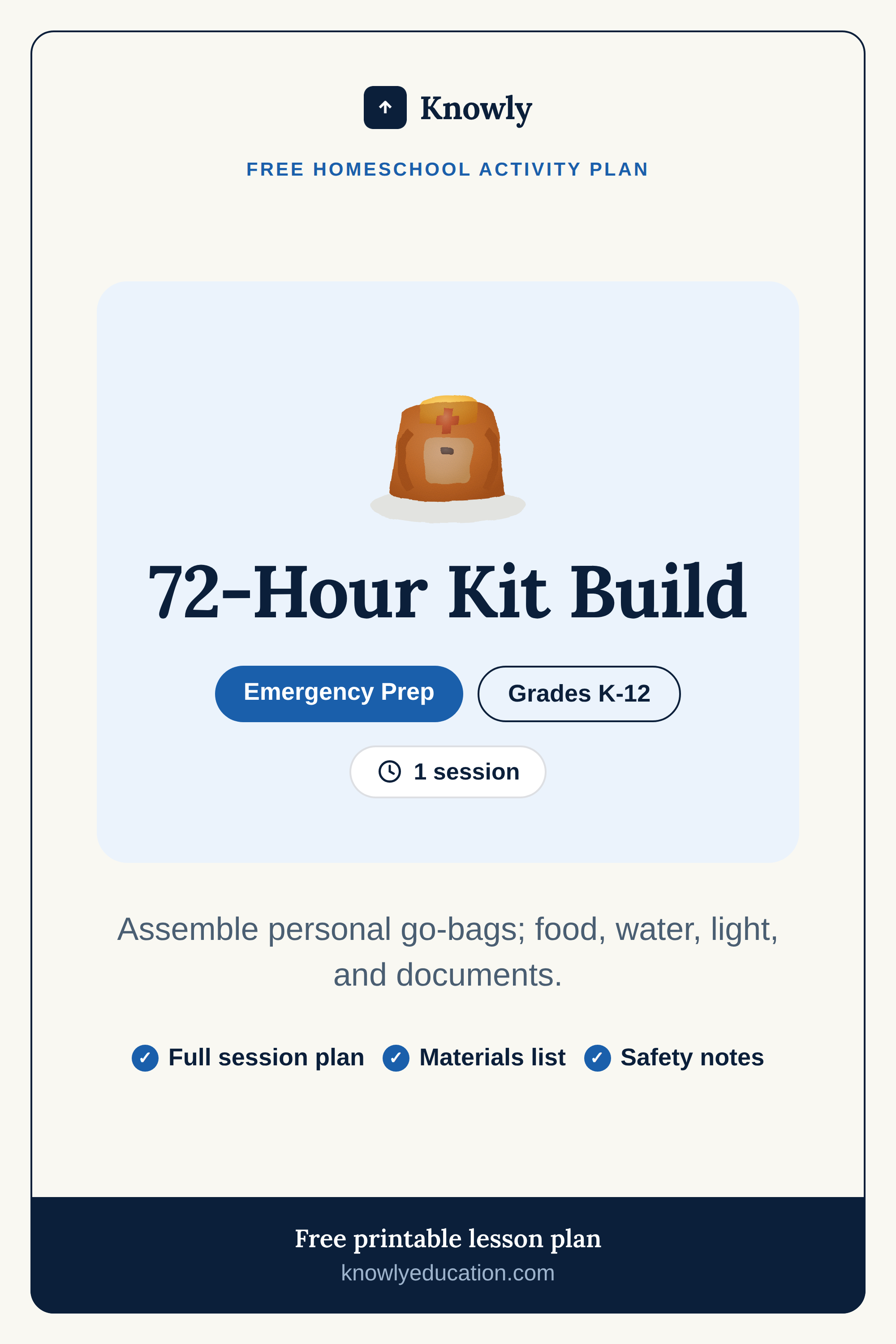 72-Hour Kit Build — free homeschool activity plan from Knowly
