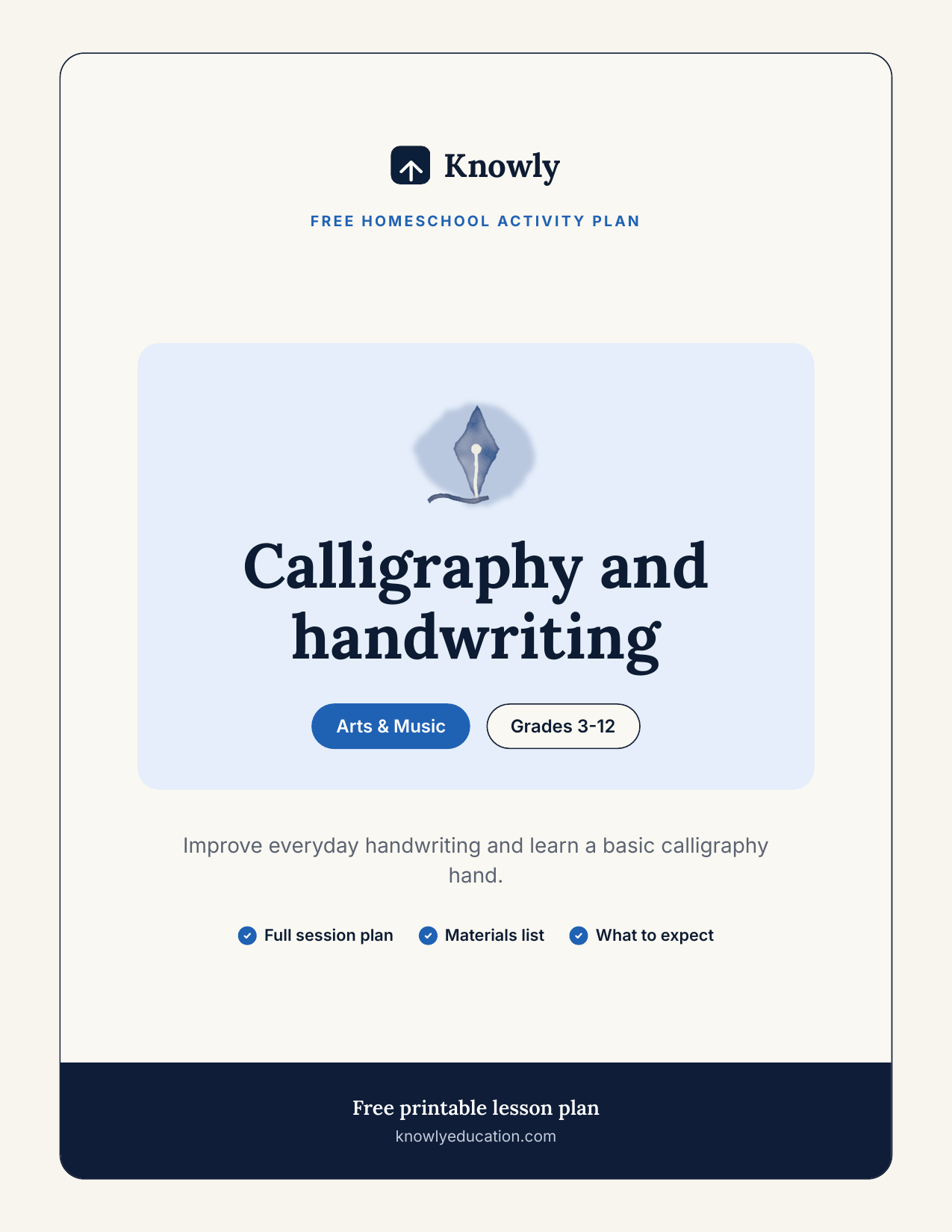 Calligraphy and handwriting — free homeschool activity from Knowly, Grades 3–12