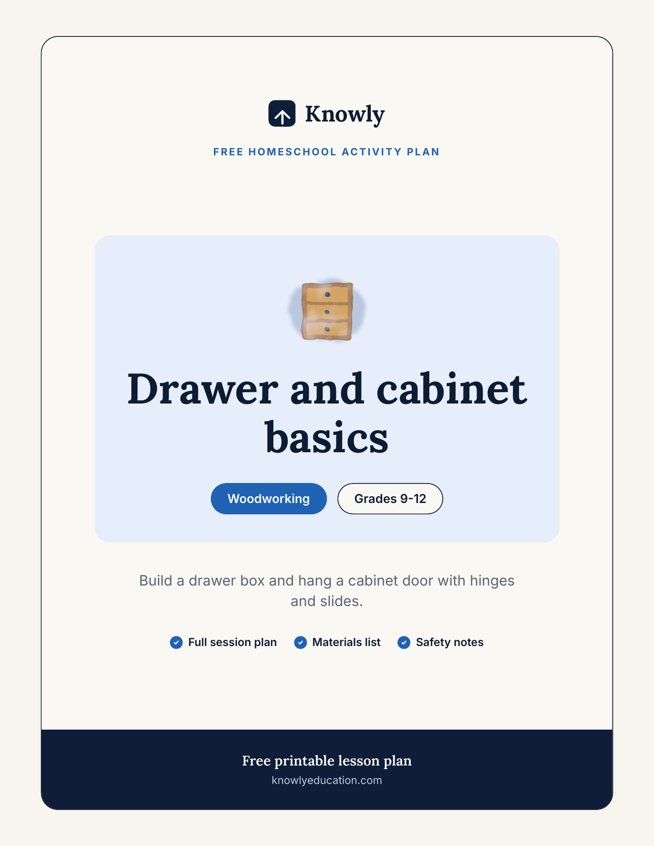 Drawer and cabinet basics — free homeschool activity from Knowly, Grades 9–12