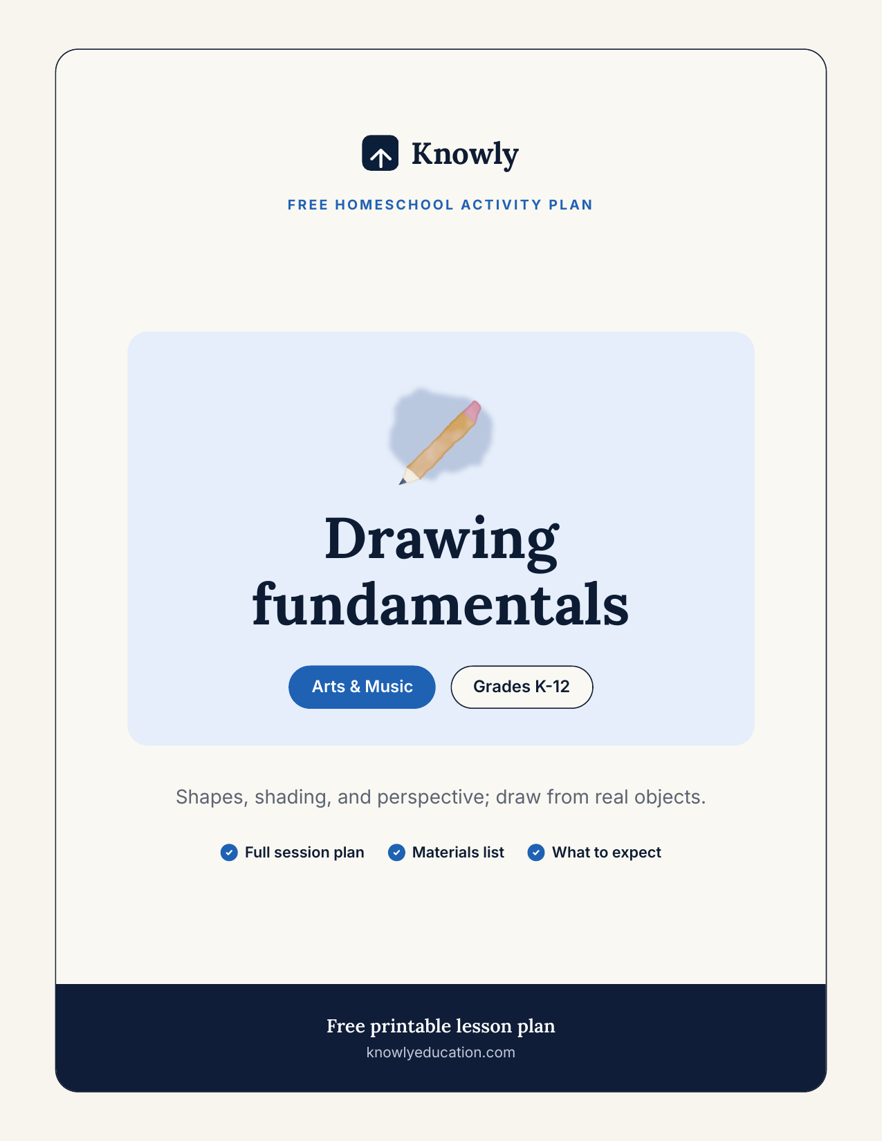 Drawing fundamentals — free homeschool activity from Knowly, Grades K–12