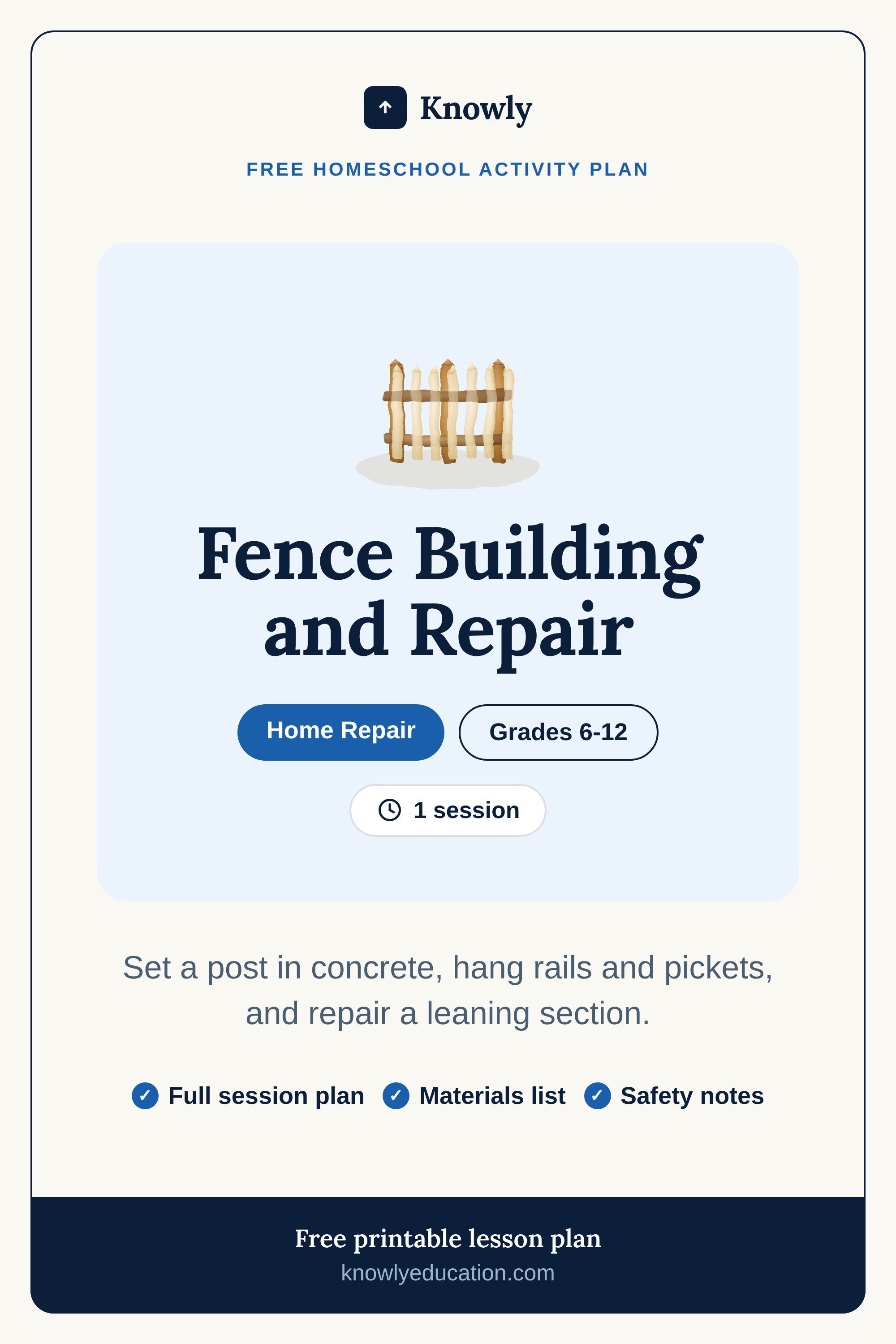 Fence Building and Repair — free homeschool activity plan from Knowly