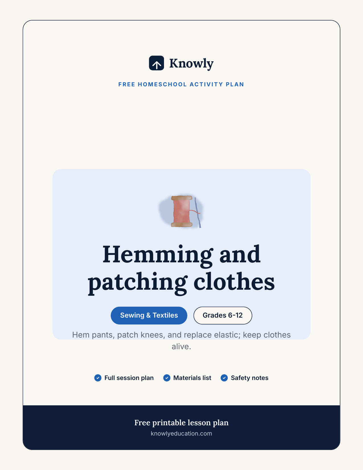Hemming and patching clothes — free homeschool activity from Knowly, Grades 6–12
