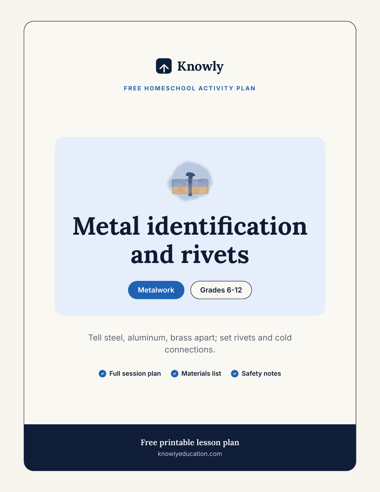 Metal identification and rivets — free homeschool activity from Knowly, Grades 6–12