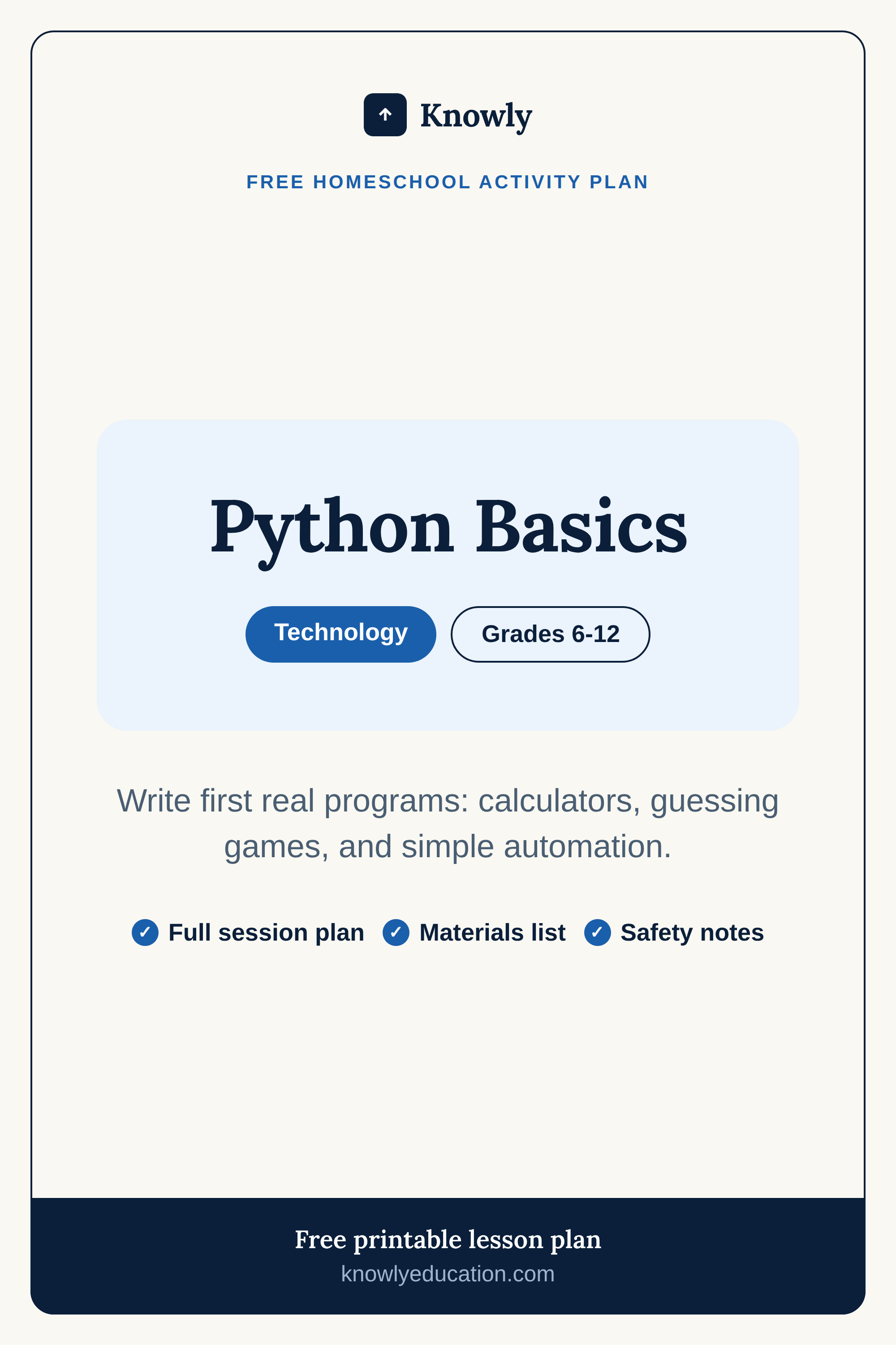 Python Basics — free homeschool activity plan from Knowly