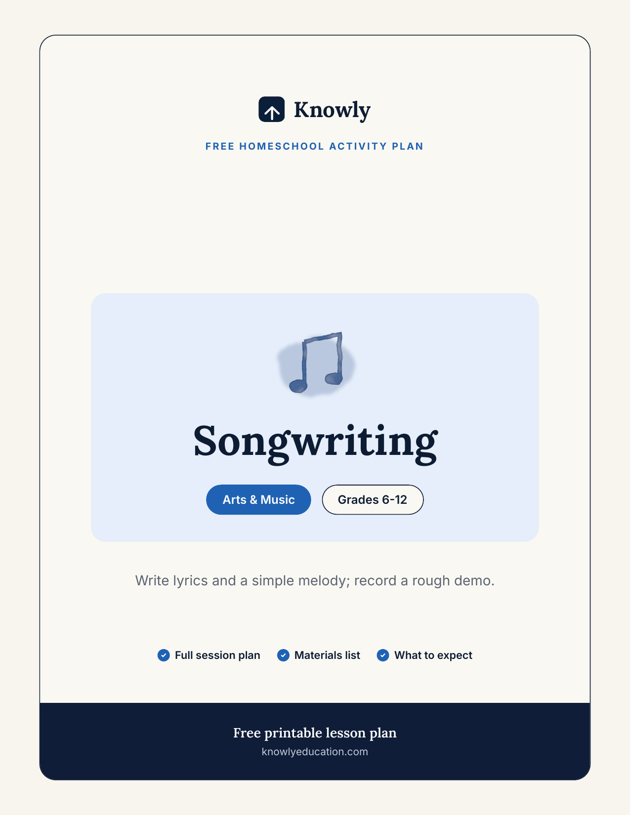 Songwriting — free homeschool activity from Knowly, Grades 6–12