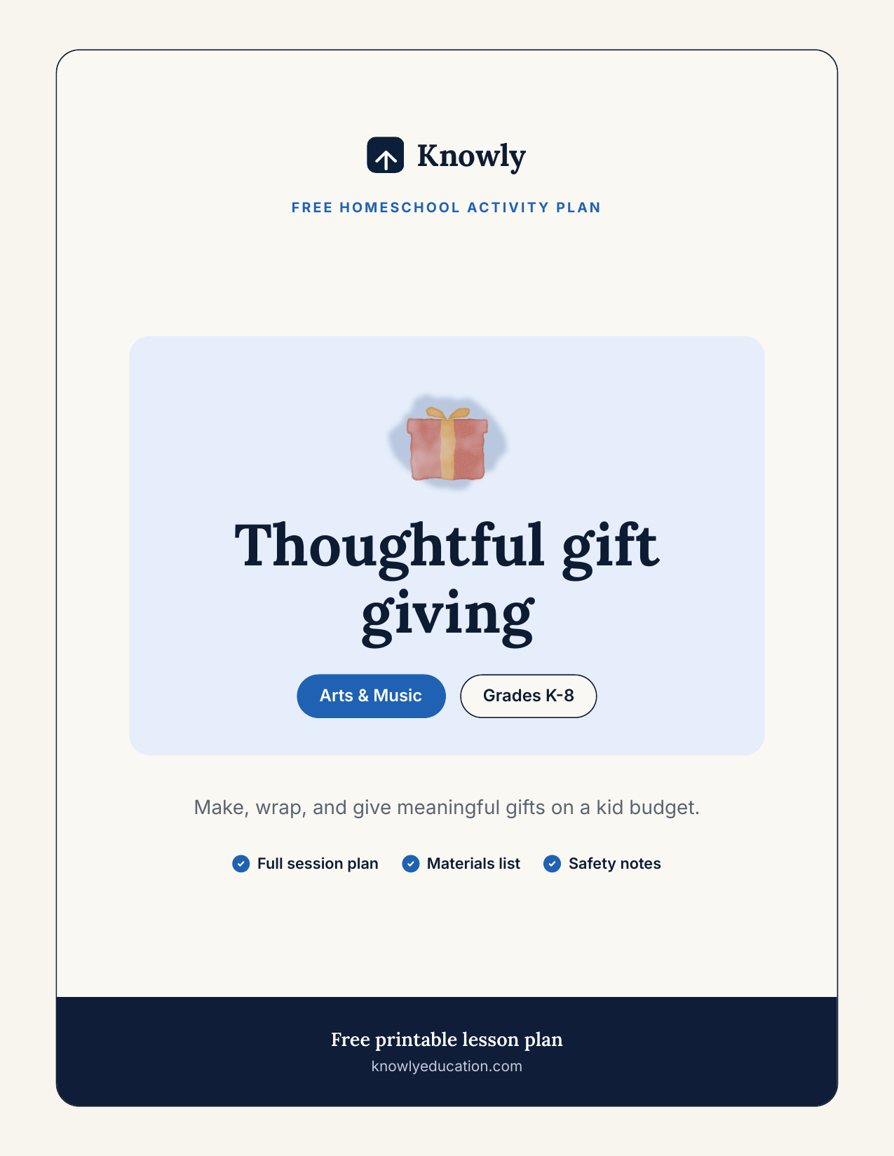 Thoughtful gift giving — free homeschool activity from Knowly, Grades K–8